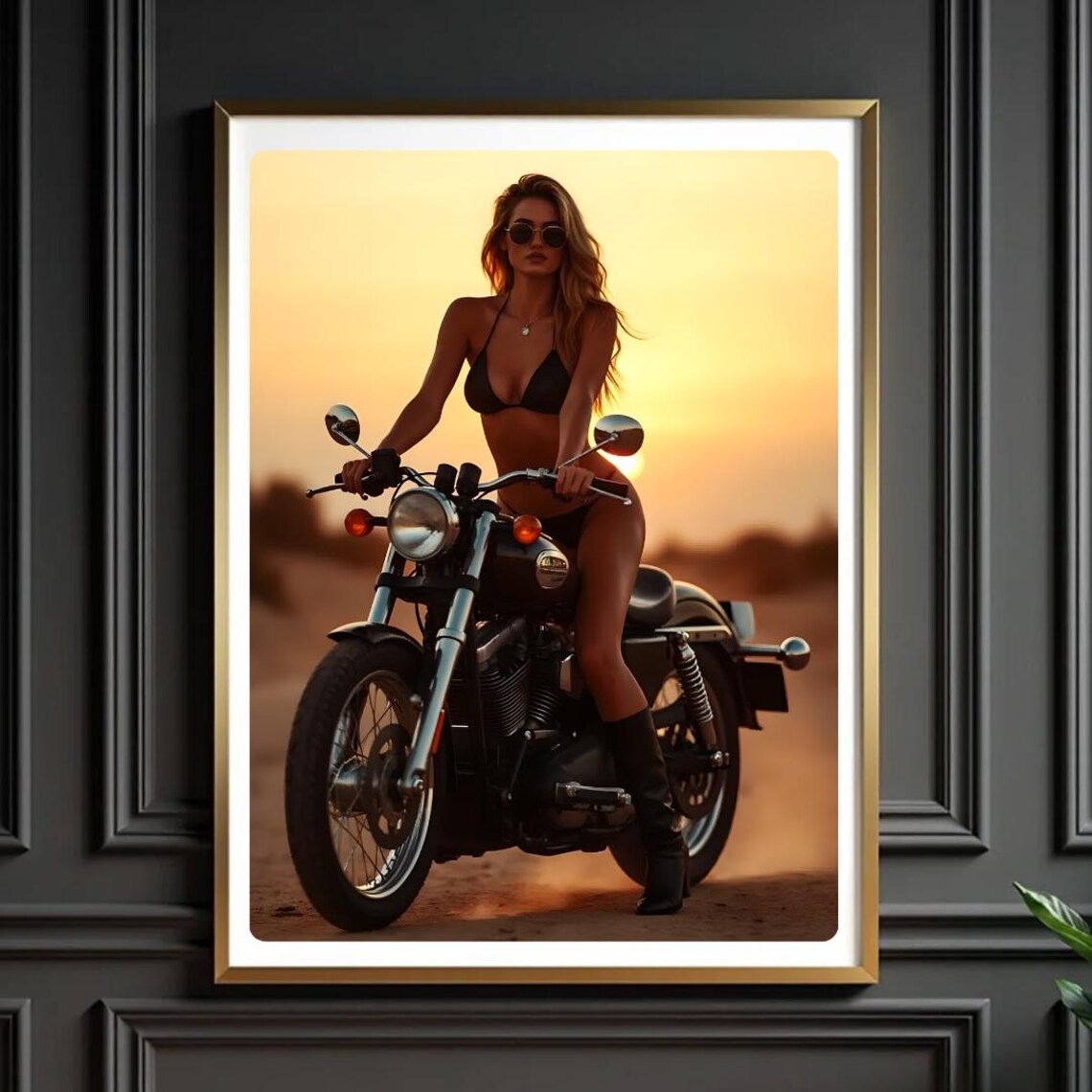 Biker Woman Sunset Motorcycle Desert Ride Vintage Photo Poster