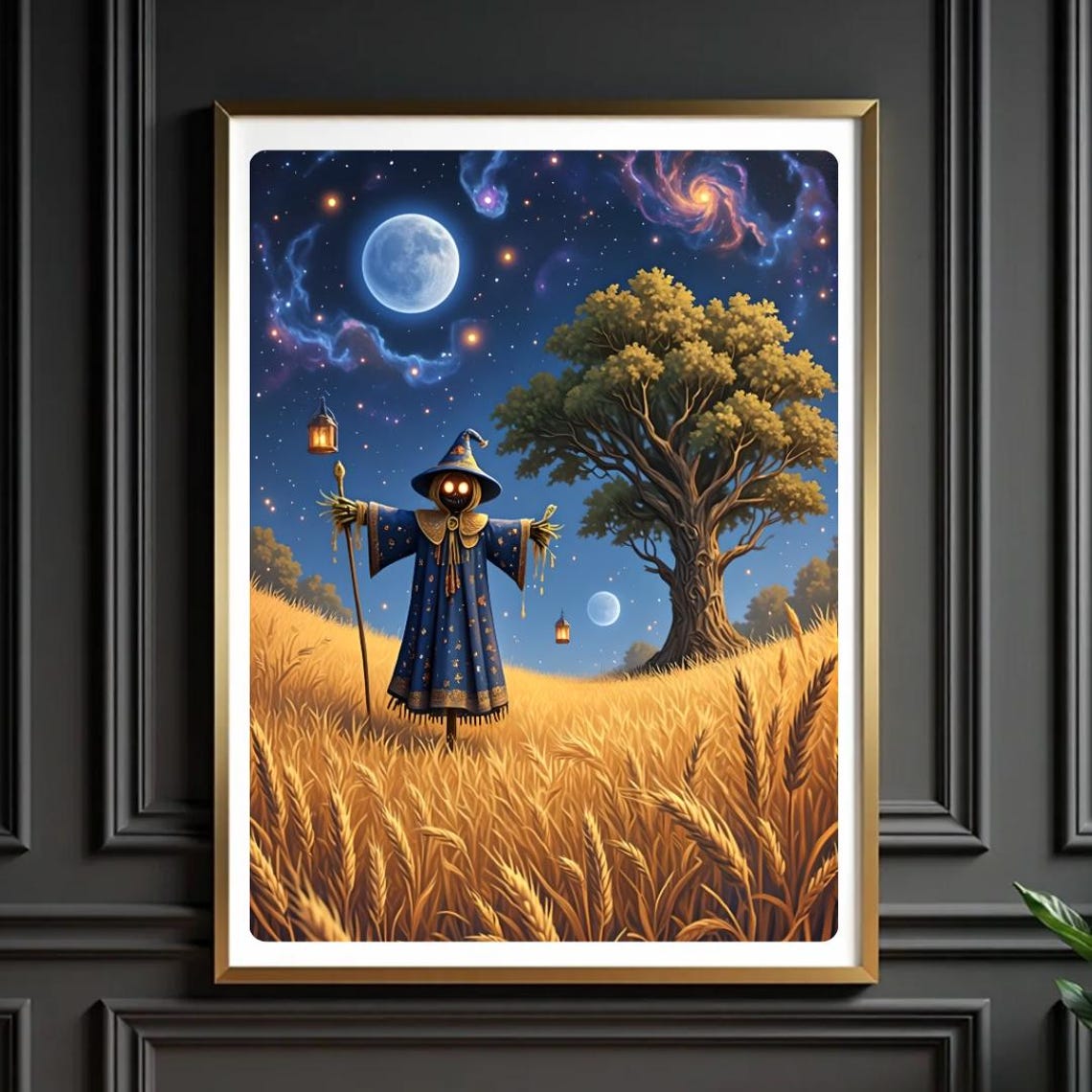 Moonlit Scarecrow Fantasy Night Sky Wheat Field Magical Poster