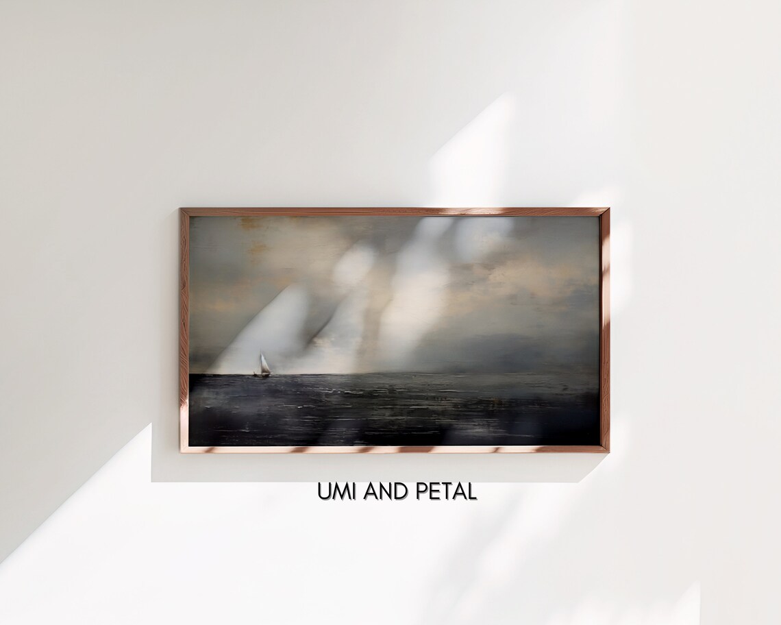 Moody Dark Ocean Sailboat Cloudy Sky Seascape Oil Painting Poster - Image 3