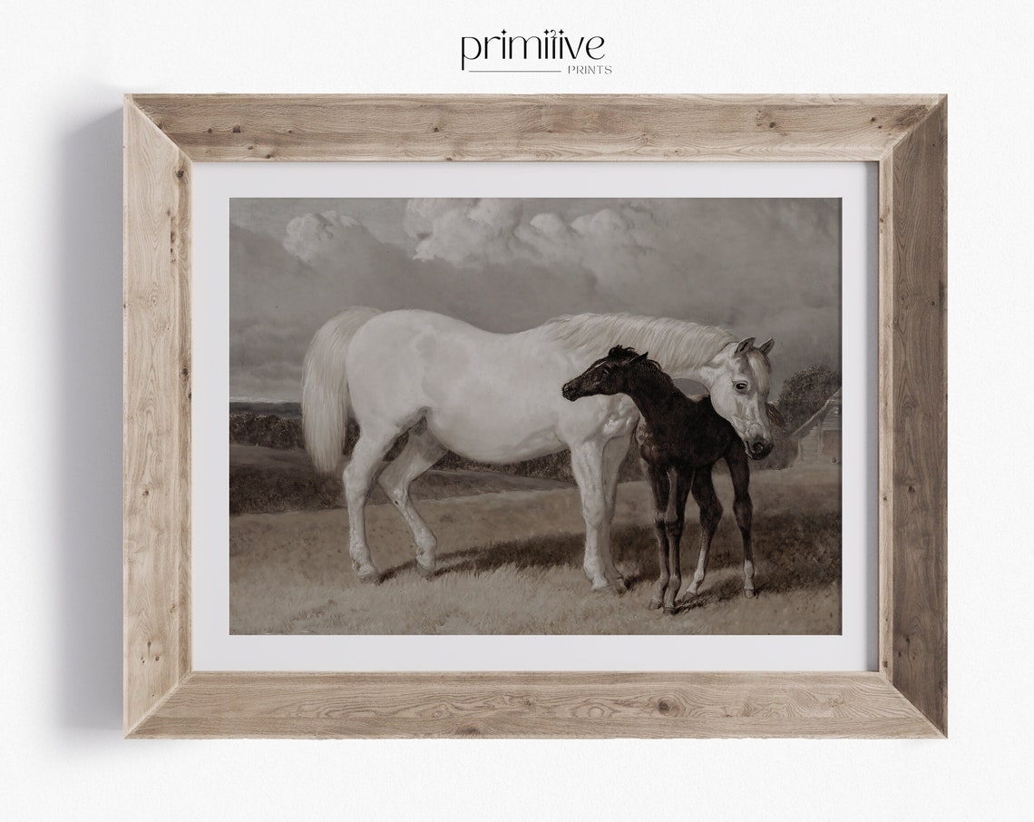 White Mare Dark Foal Equestrian Sepia Painting Animal Poster - Image 5