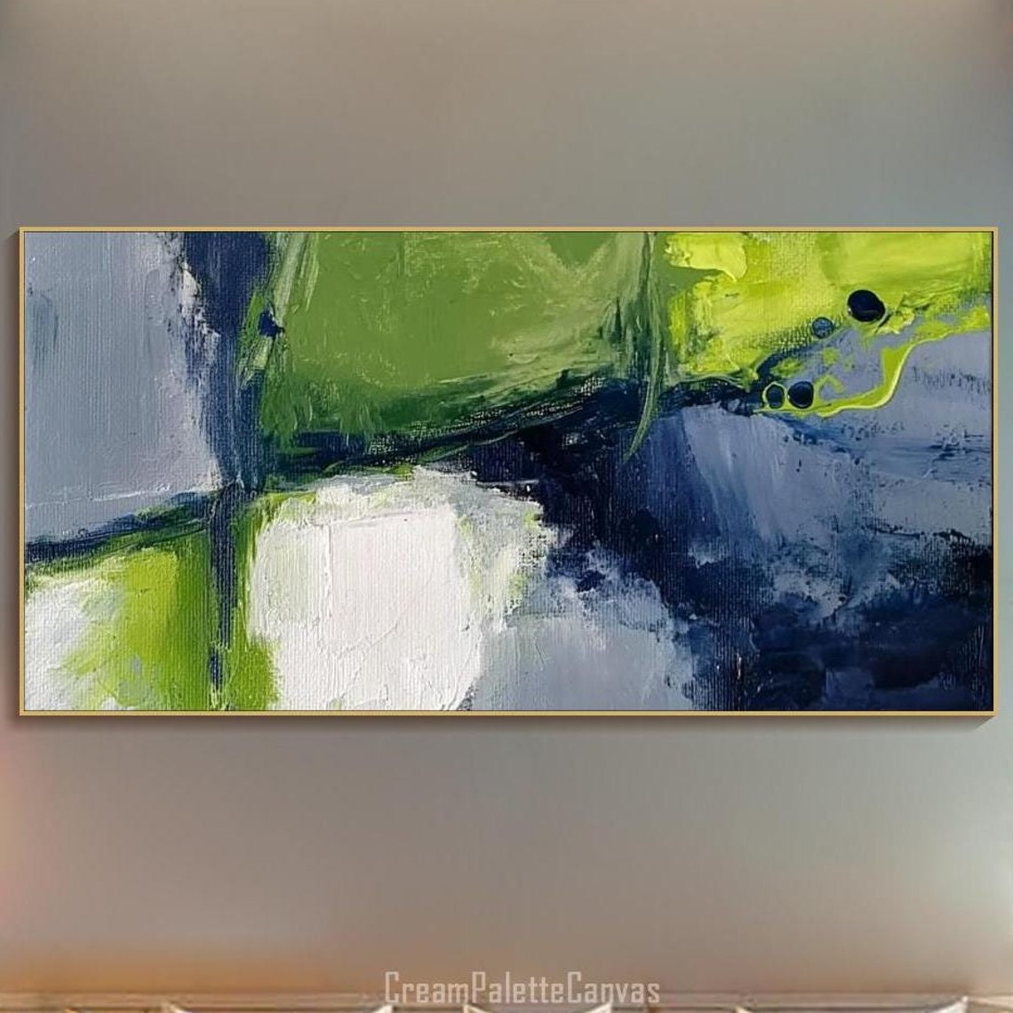 Green Navy Abstract Blocks Textured Oil Painting Modern Wall Art
