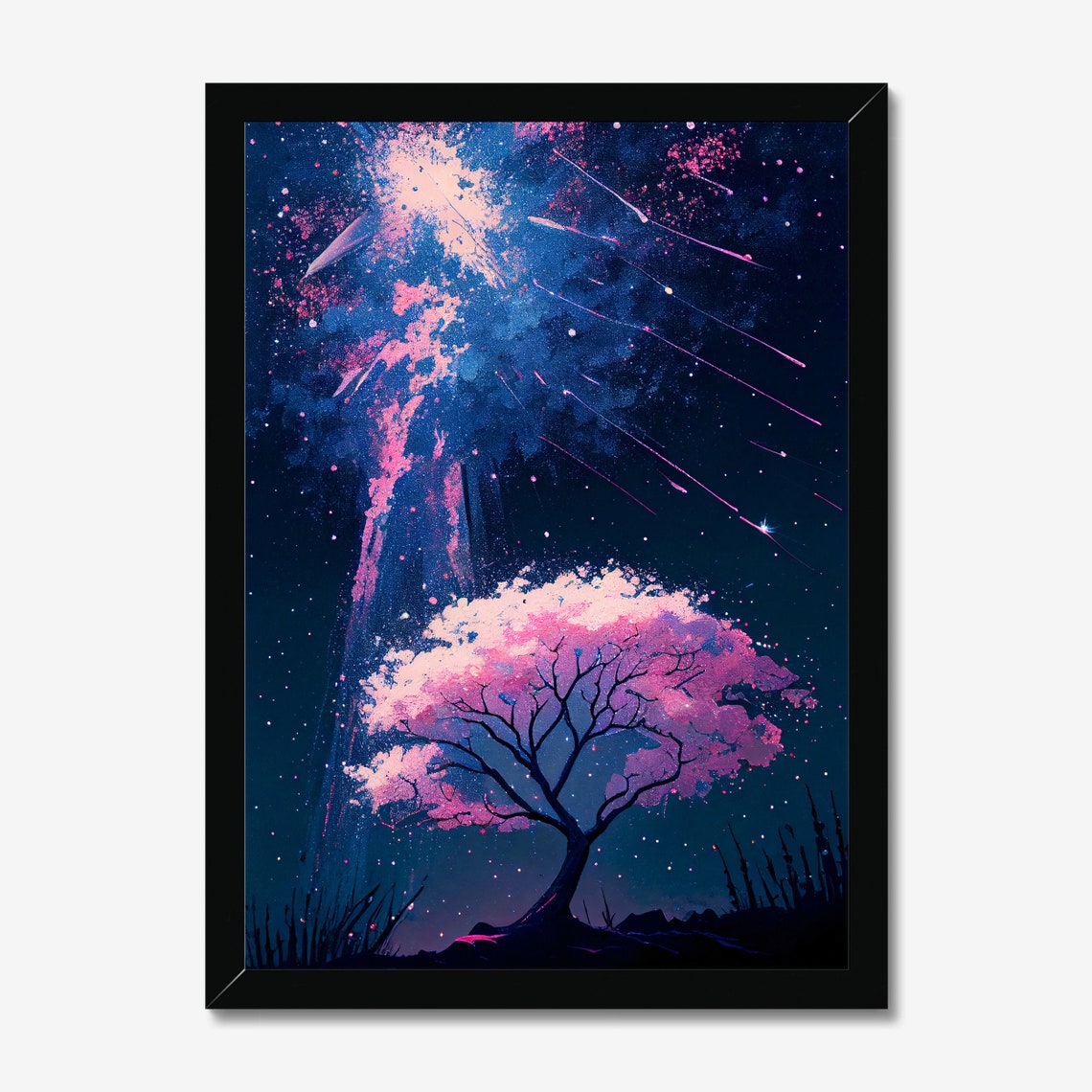 Cherry Blossom Tree Under Pink Meteor Shower Night Sky Art Poster