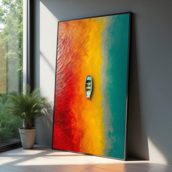Colorful Boat On Vibrant Water, Abstract Coastal Art