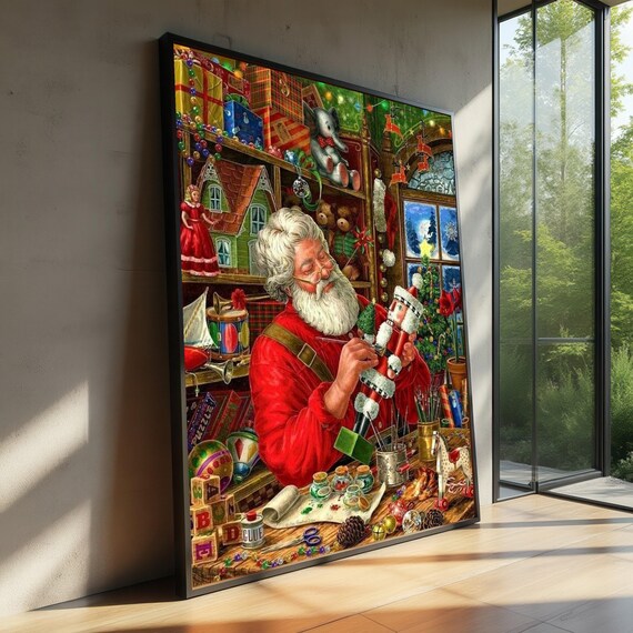 Santa Claus Nutcracker Workshop Toy Making Christmas Scene Art Poster