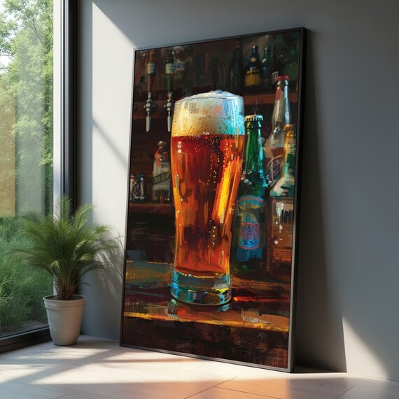 Craft Beer Pint Bar Painting Amber Ale Frothy Glass Man Cave Poster