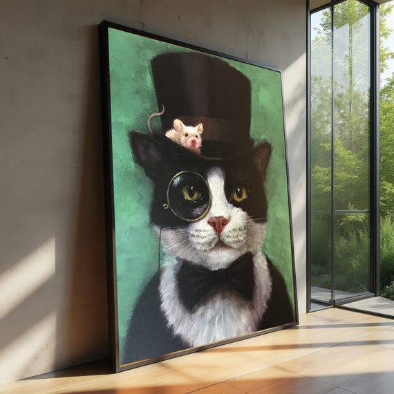 Distinguished Cat Gentleman Top Hat Monocle Bow Tie Mouse Art Poster