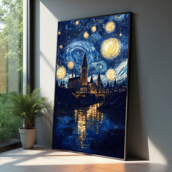 Starry Night Castle Canvas Fantasy Sky Wall Art Illuminated Fortress Landscape Magical Reflection Home Decor
