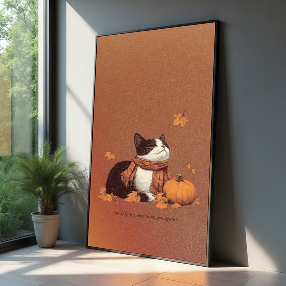 Cozy Cat With Scarf And Pumpkin Canvas Autumn Leaves Wall Art Fall Season Decoration Rustic Harvest Cute Animal Print