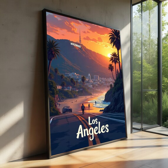 Los Angeles Sunset Beach Canvas Hollywood Hills Wall Art Coastal Landscape Palm Trees Decor Scenic Cityscape