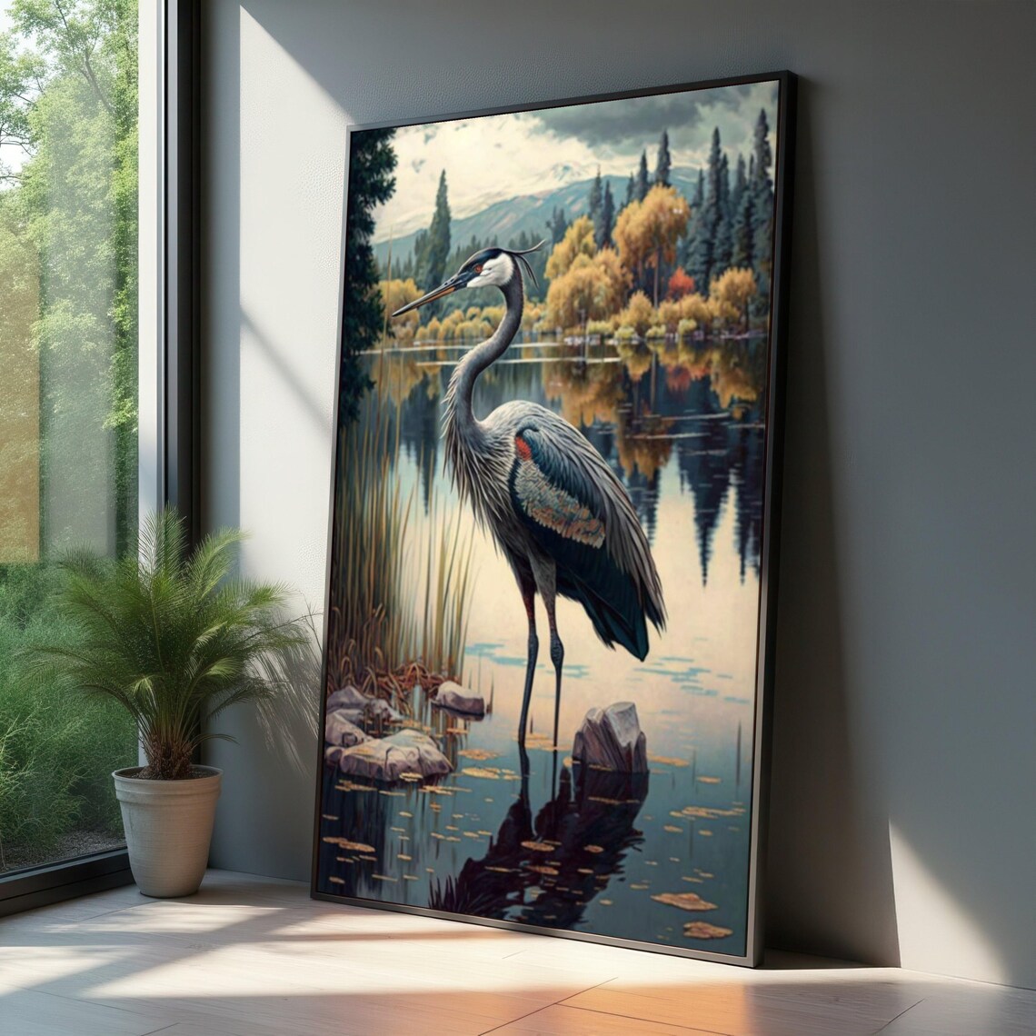 Great Blue Heron Lakeside Autumn Reflection Mountains Wildlife Art Poster