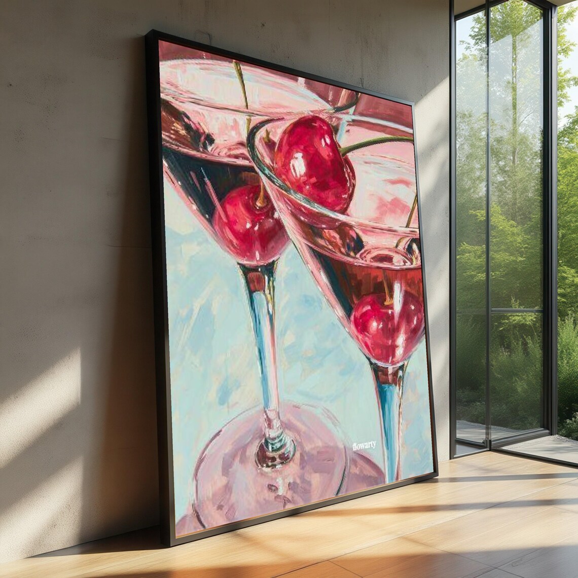 Cherry Martini Cocktail Glasses Pink Oil Painting Bar Decor Poster