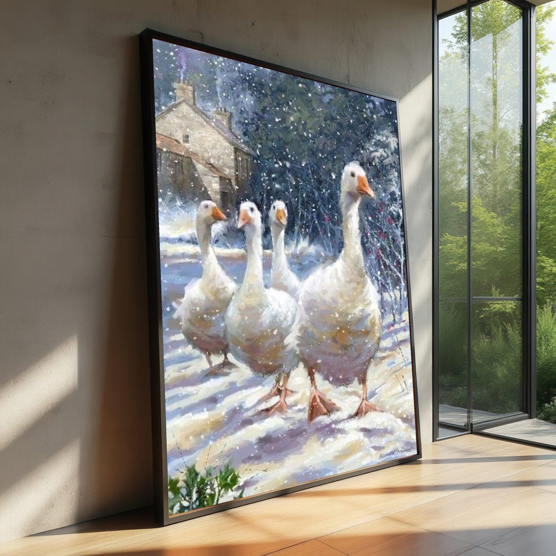 White Geese In Snow Farmhouse Rustic Winter Farm Animal Art Poster
