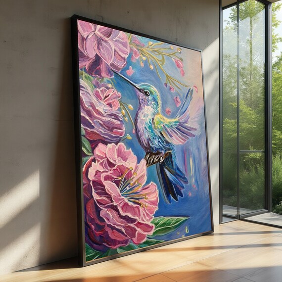 Colorful Hummingbird With Pink Flowers Canvas Vibrant Nature Wall Art Bird And Floral Home Decor Botanical Ready To Hang Artwork