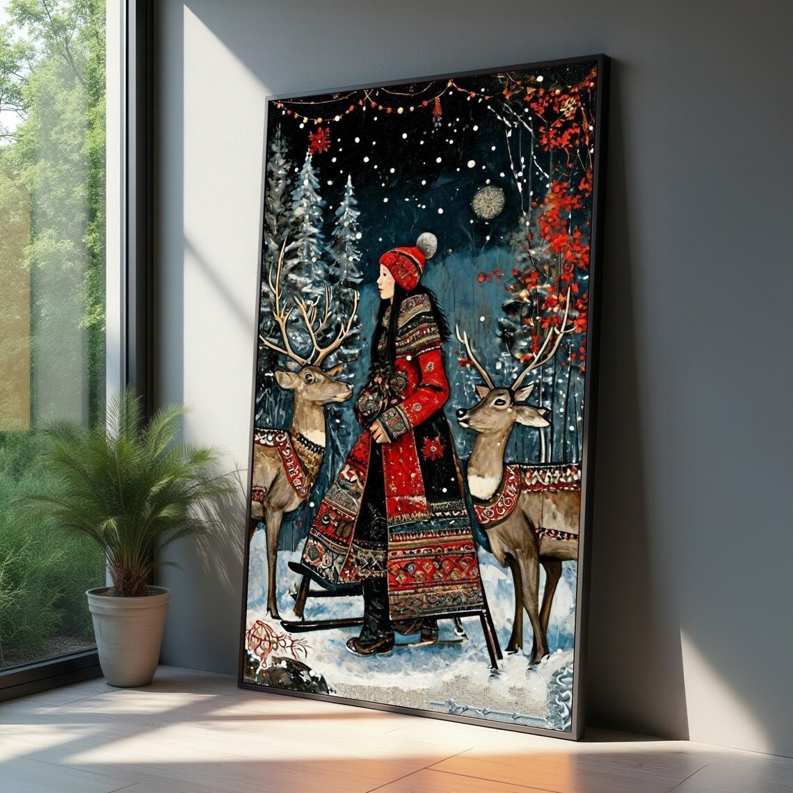 Woman With Reindeer In Snowy Winter Forest Folk Christmas Art Print