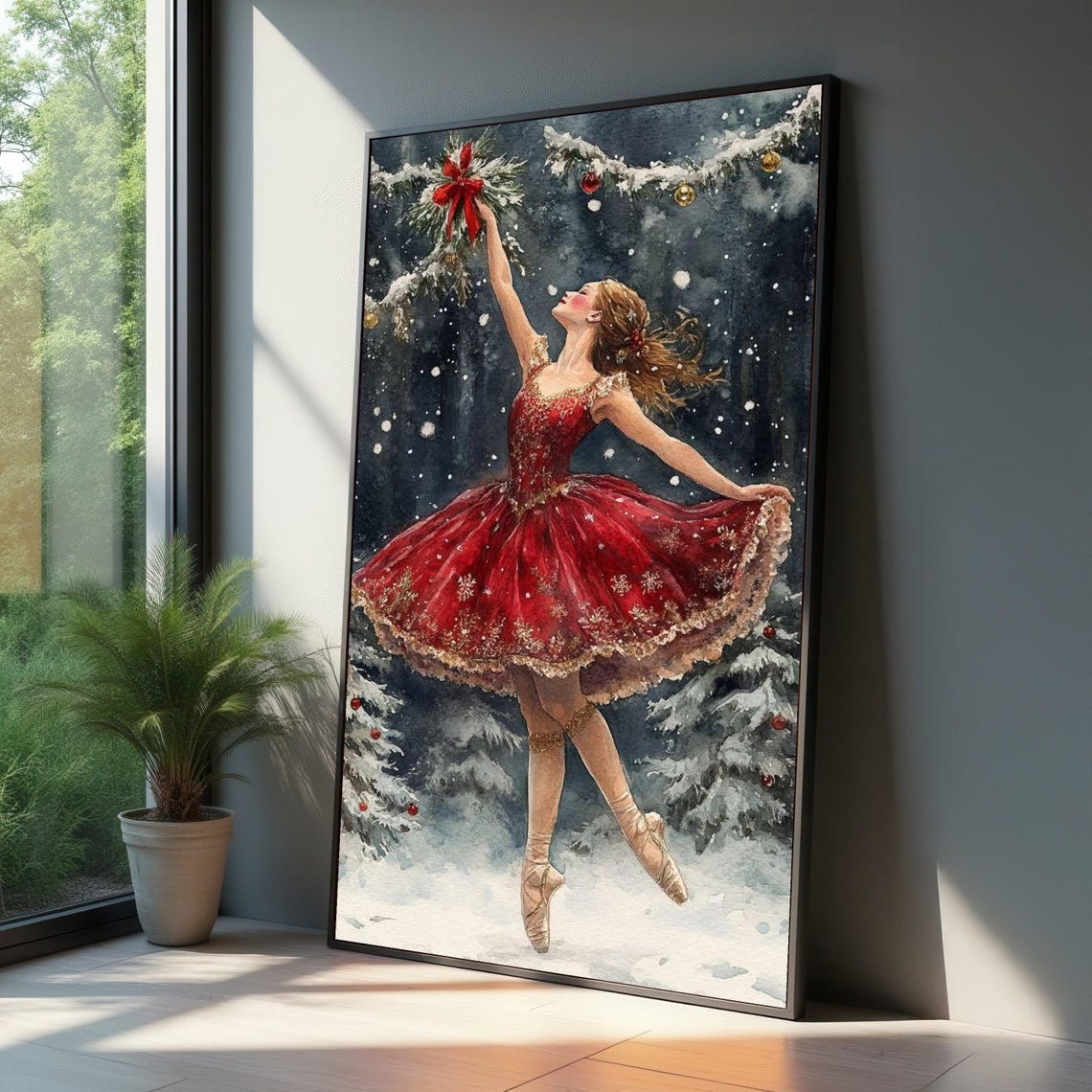 Christmas Ballet Dancer in Red Tutu Snowy Holiday Scene Wall Art
