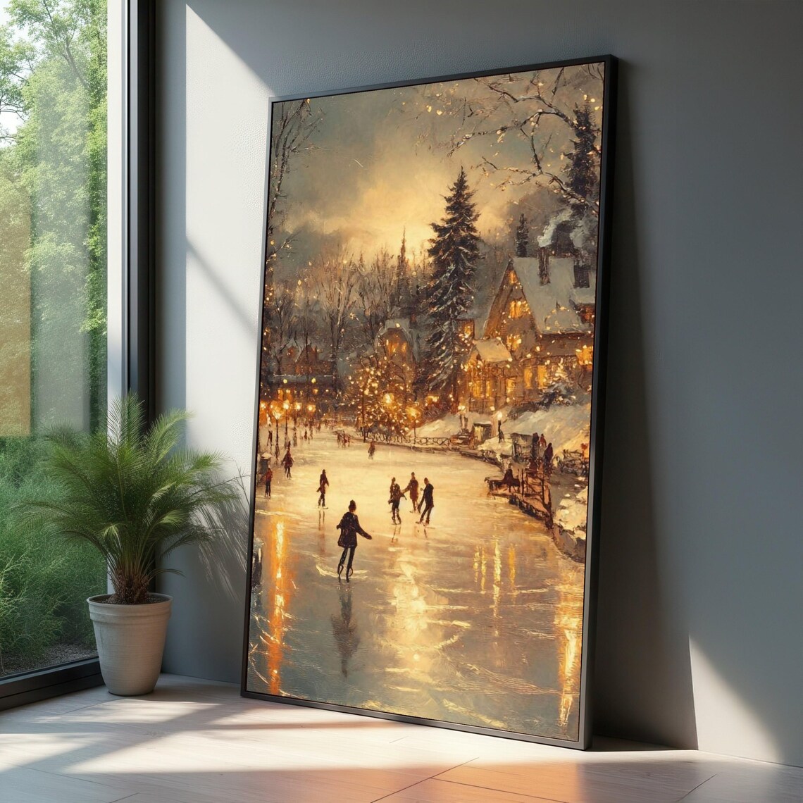 Winter Evening Ice Skating Frozen Lake Village Lights Scene Poster