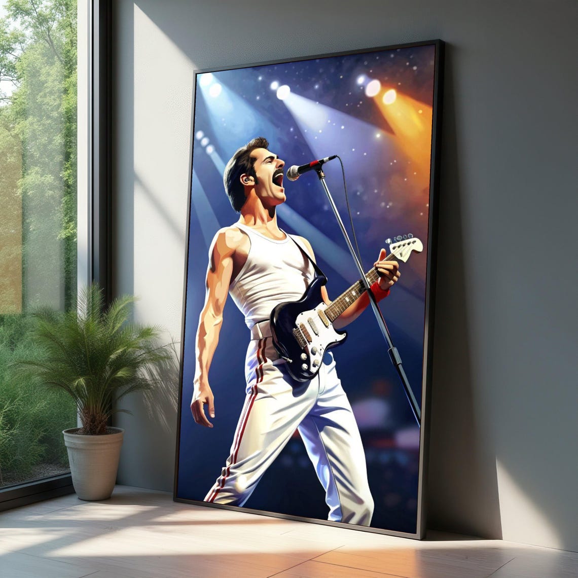 Freddie Mercury Stage Performance Electric Guitar Rock Poster