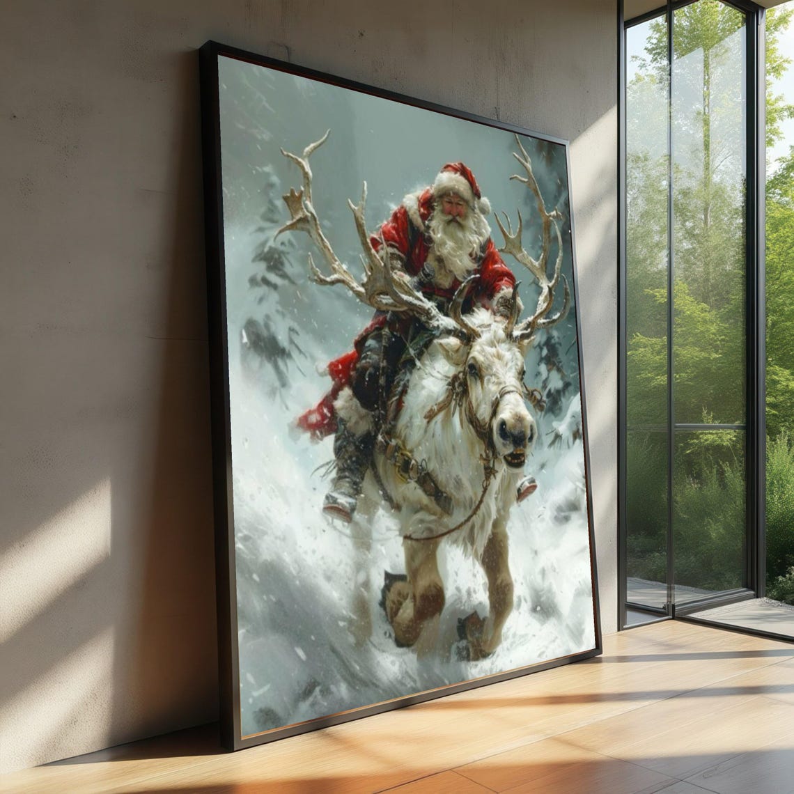 Santa Claus Riding White Reindeer Snowy Forest Christmas Poster