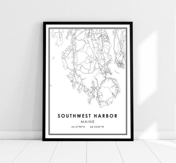Southwest Harbor Maine Minimalist Black and White Street Map Poster