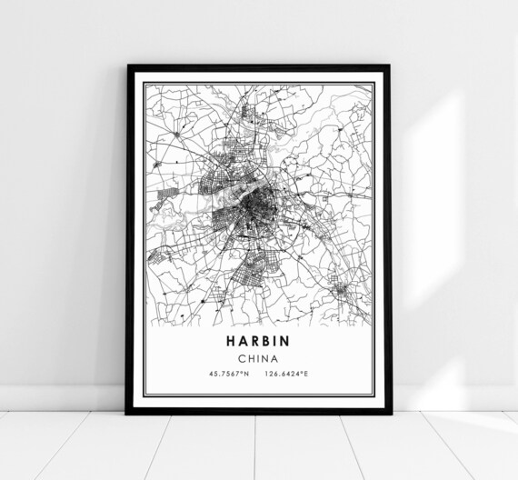 Harbin China Minimalist City Street Map Modern Black And White Art Poster