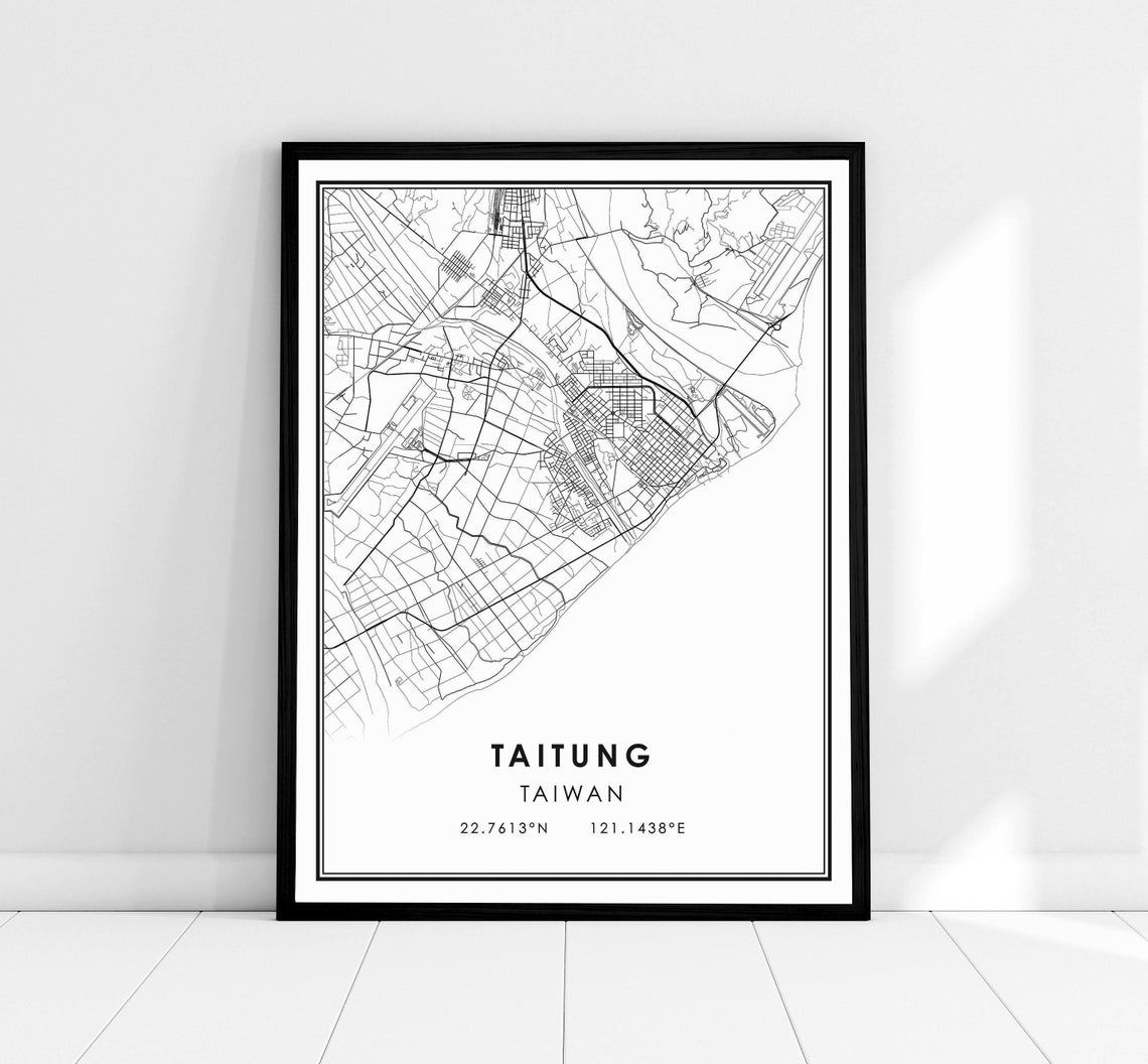 Taitung Taiwan Minimalist Black and White City Street Map Poster