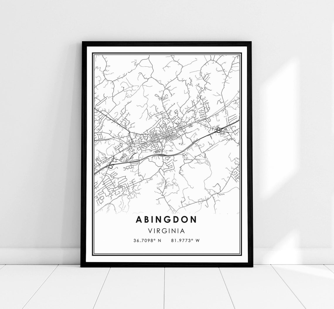 Abingdon Virginia Modern Minimalist City Street Map Print Decor