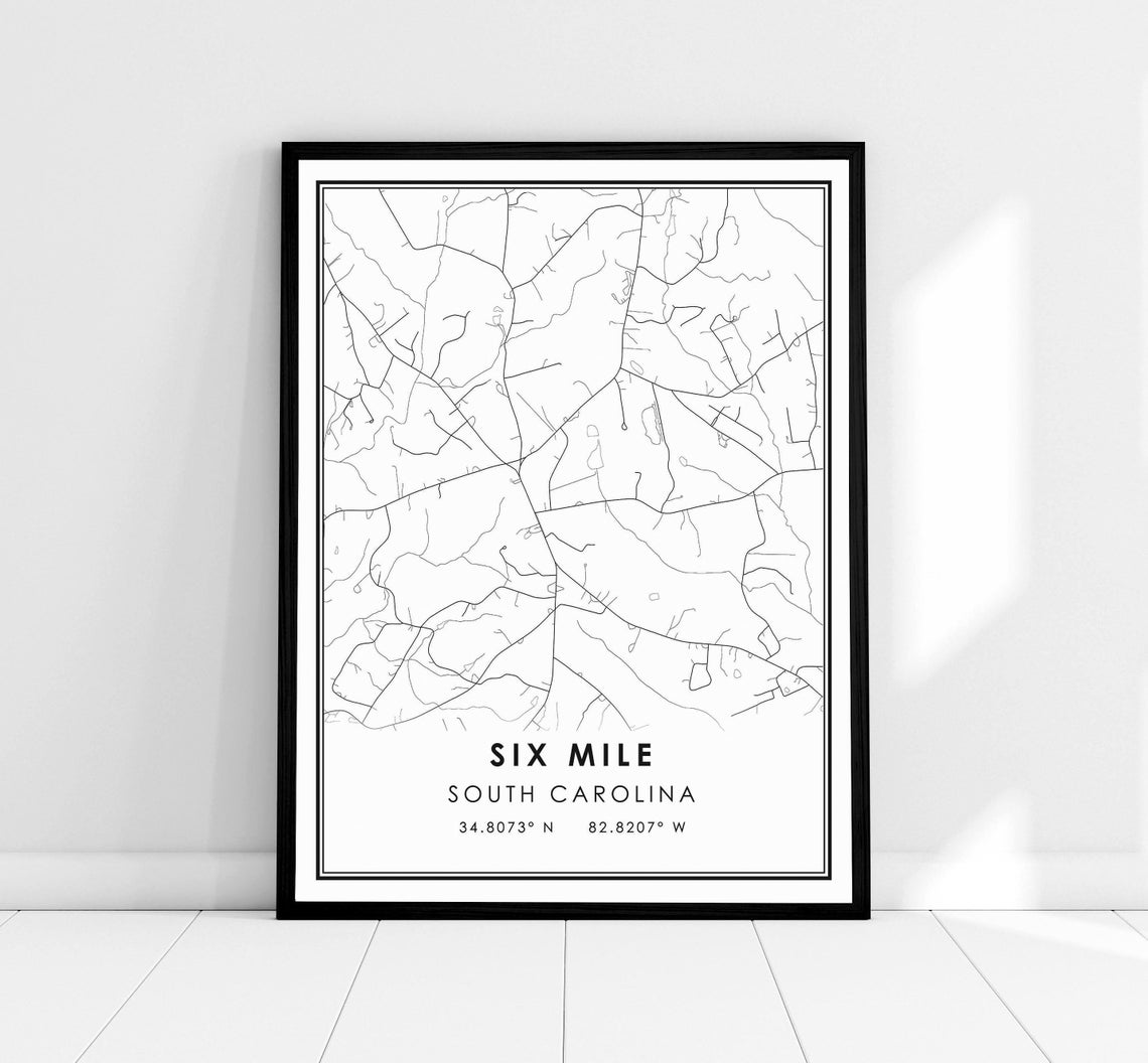 Six Mile South Carolina Minimalist Black and White Street Map Print