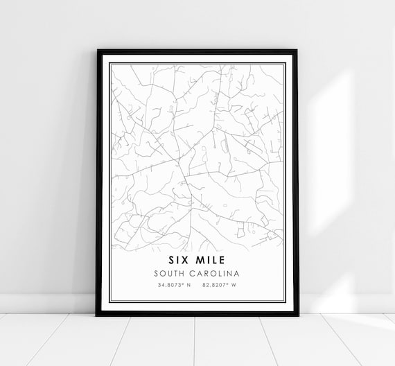 Six Mile South Carolina Minimalist Black and White Street Map Print