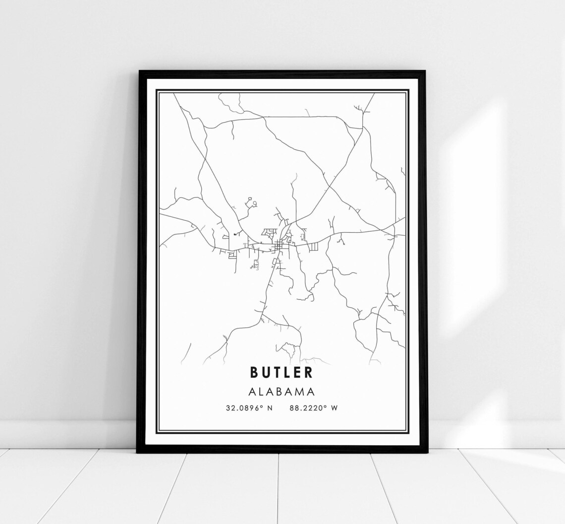 Butler Alabama Road Map Minimalist Black White City Travel Poster