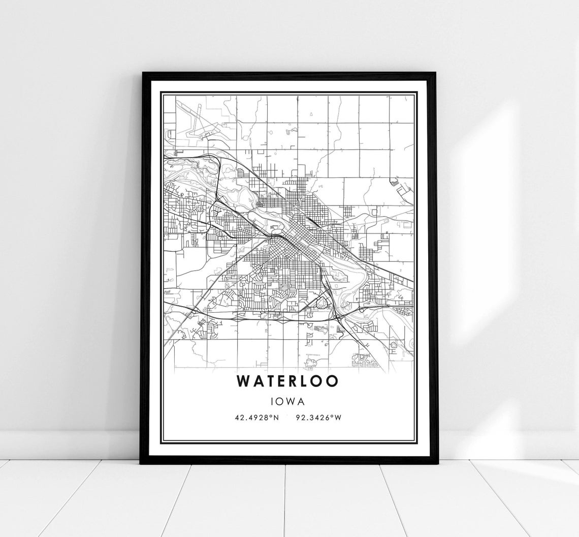 Waterloo Iowa Minimalist Black and White City Street Map Poster