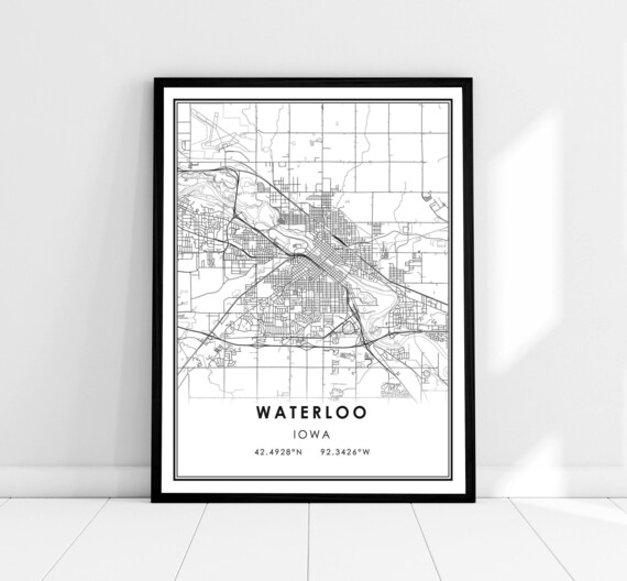 Waterloo Iowa Minimalist Black and White City Street Map Poster