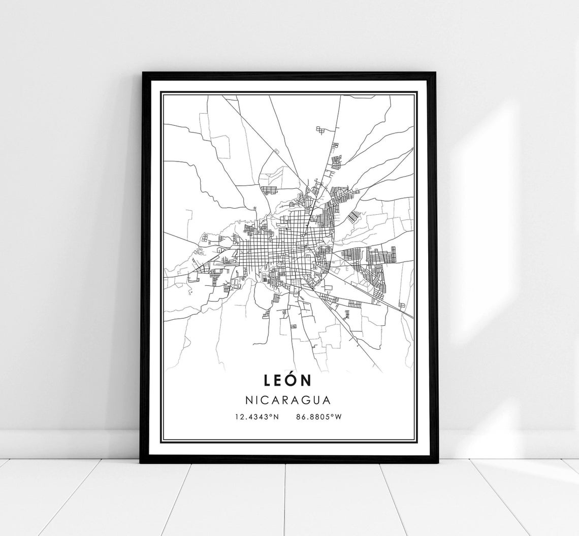Leon Nicaragua Minimalist Black And White City Map Art Poster