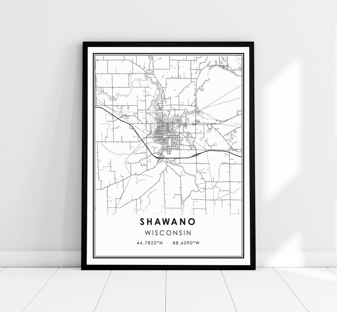 Shawano Wisconsin Minimalist Black And White Street Map Print