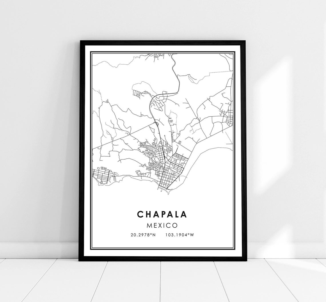 Chapala Mexico Minimalist Black and White Line Art Map Wall Print