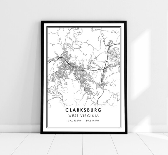 Clarksburg West Virginia City Map Line Art Poster With Coordinates