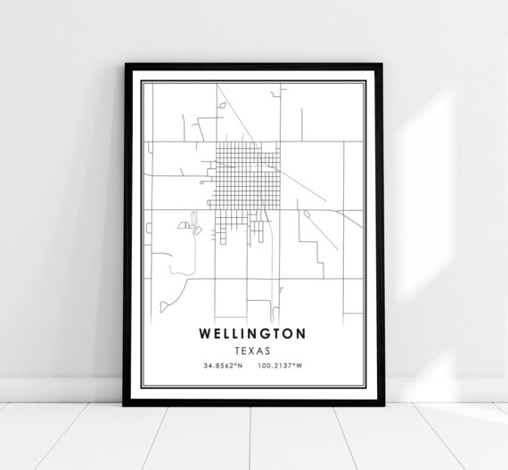 Wellington Texas Minimalist City Street Map Black White Wall Art