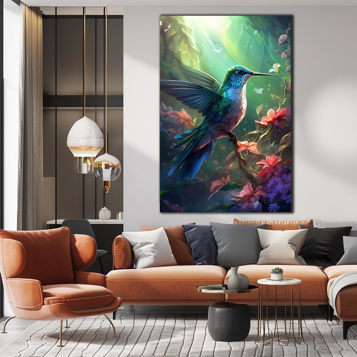 Hummingbird Perched In Tropical Jungle Pink Flowers Sunbeam Poster