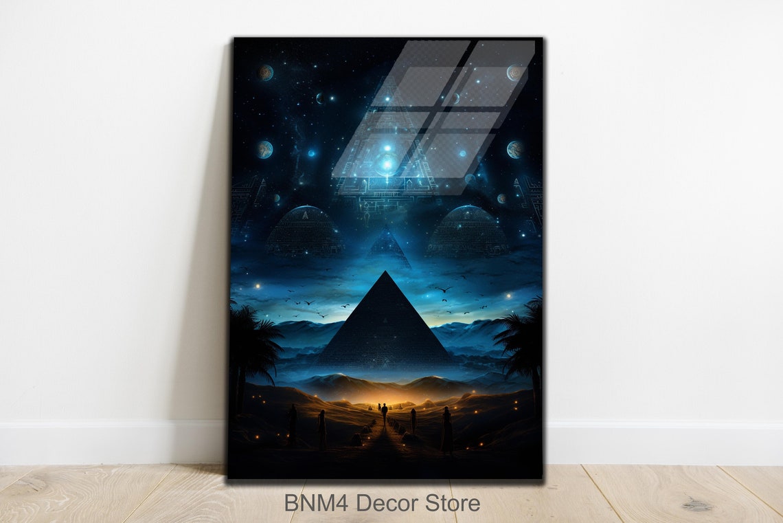 Egyptian Pyramid at Night Under Cosmic Starry Sky with Planets Poster