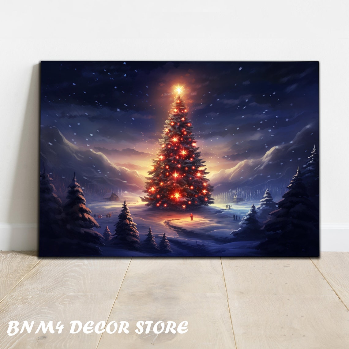 Glowing Christmas Tree Snowy Mountain Night Starlight Wall Art