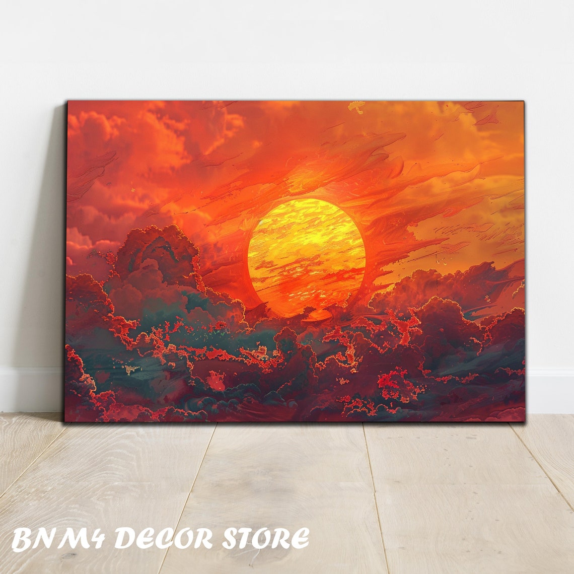 Massive Orange Sun Half Hidden Behind Fiery Red Clouds Sunset Poster
