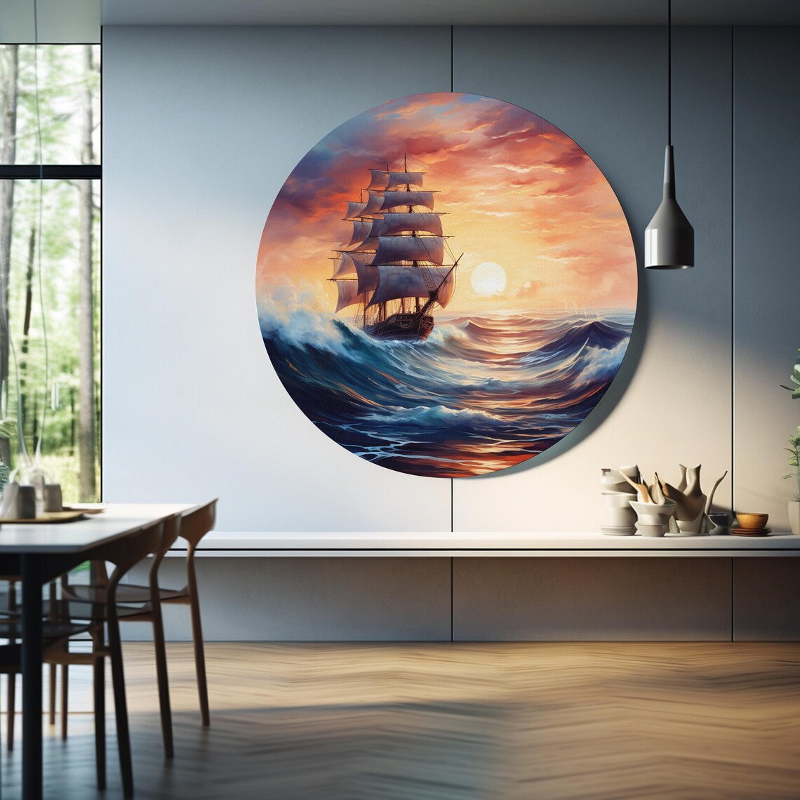 Ship Glass Wall Art, Ocean Sunset Circle Art