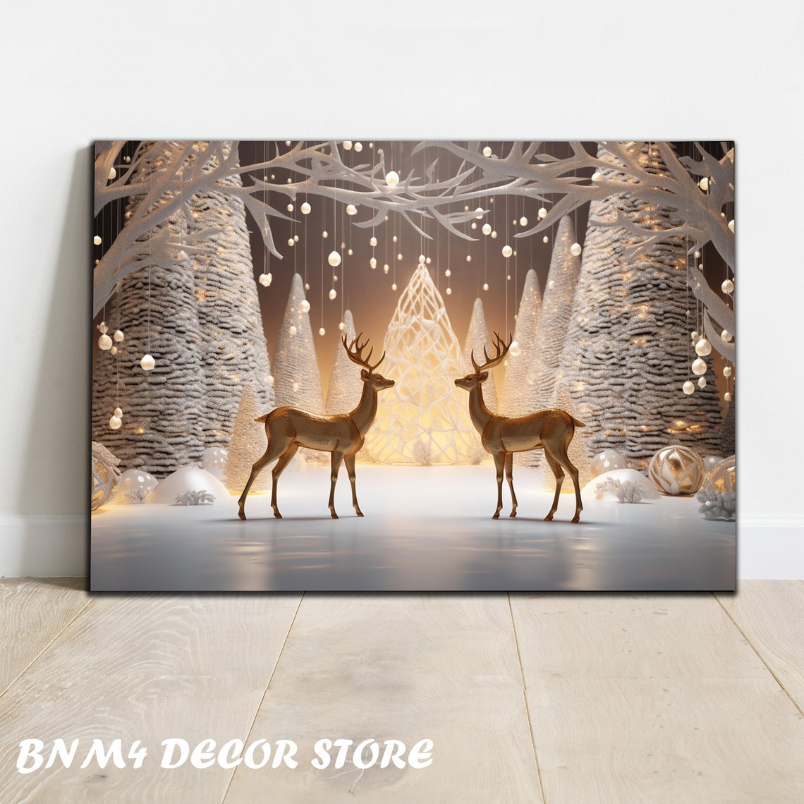 Two Deer in White and Gold Winter Christmas Forest Lights Poster