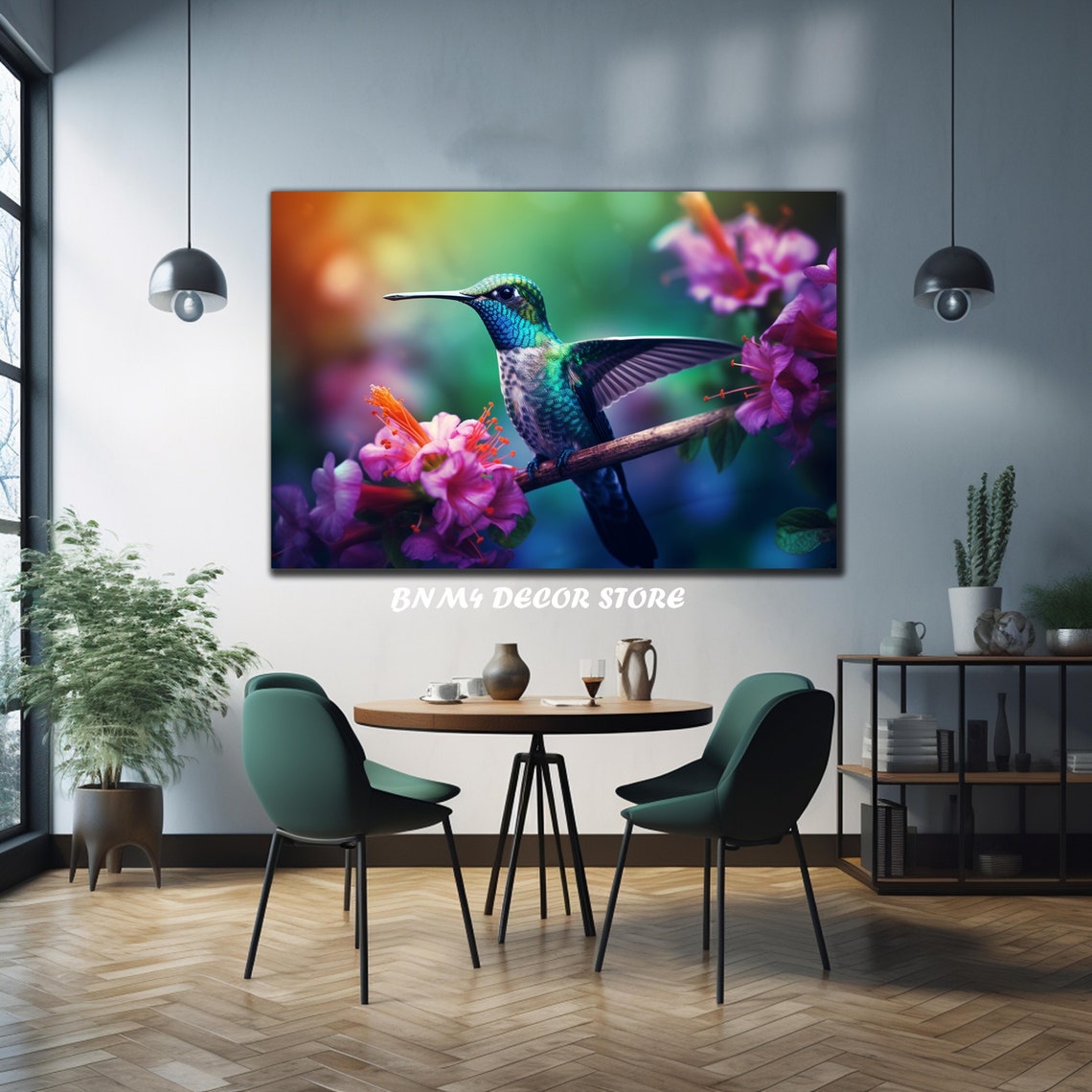 Hummingbird Perched on Branch Among Pink and Purple Flowers Poster