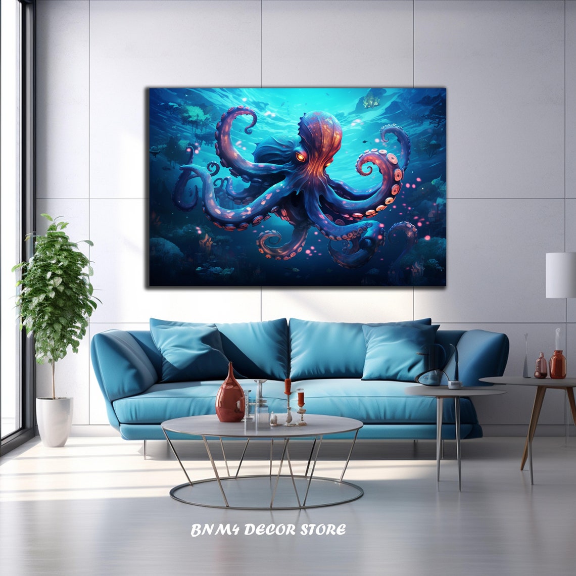 Glowing Octopus Deep Blue Ocean Magical Sea Creature Art Poster