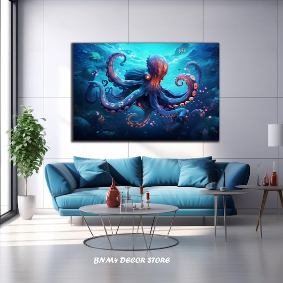 Glowing Octopus Deep Blue Ocean Magical Sea Creature Art Poster