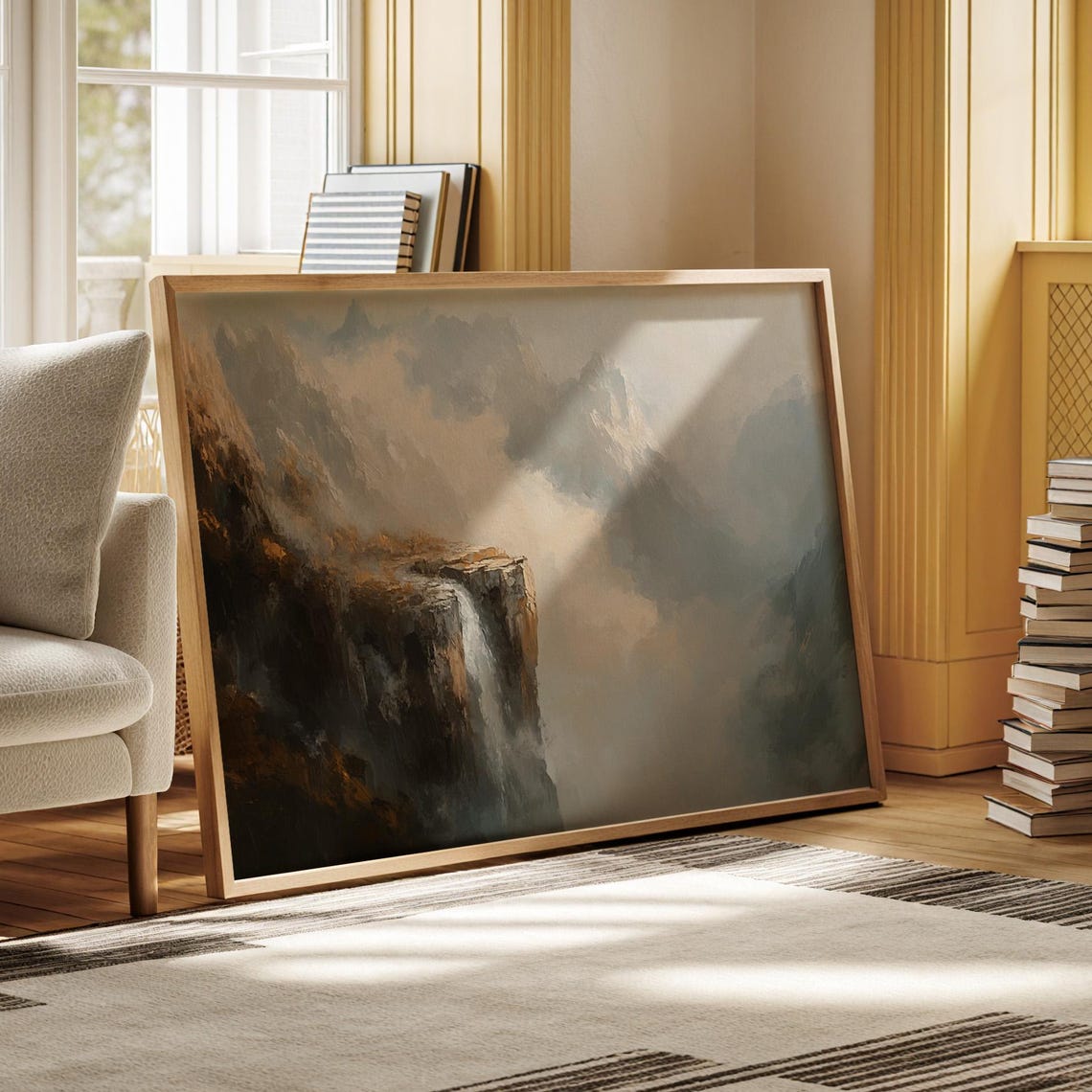 Majestic Waterfall Landscape Painting Misty Mountain Wall Art Print For Home And Office Decor