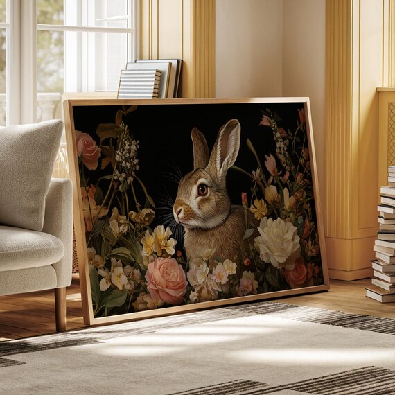 Rabbit Among Roses And Peonies Dark Botanical Floral Animal Art Print
