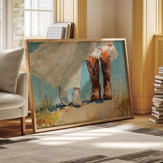 Rustic Western Wedding Art Print Country Bride And Groom Cowboy Boots Romantic Farmhouse Decor Rodeo Love Southern Charm