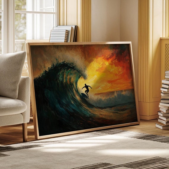 Surfer Wall Art Print Rider Catching Epic Wave At Sunset Beach House Decor Ocean Themed Art For Living Room Or Office
