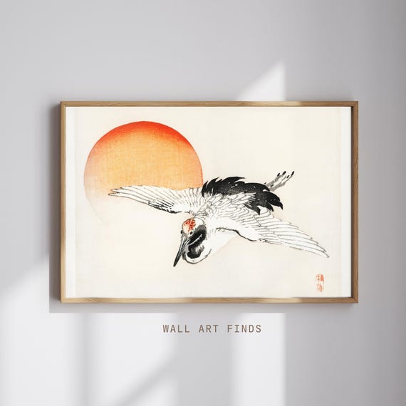 Kno Bairei Crane Print Japanese Bird Art With Red Sun Sumie Ink Painting Zen Vintage Wall Decor 300 Dpi